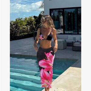 Black Bikini Top and Floral Sarong Set - Pink Lily Print